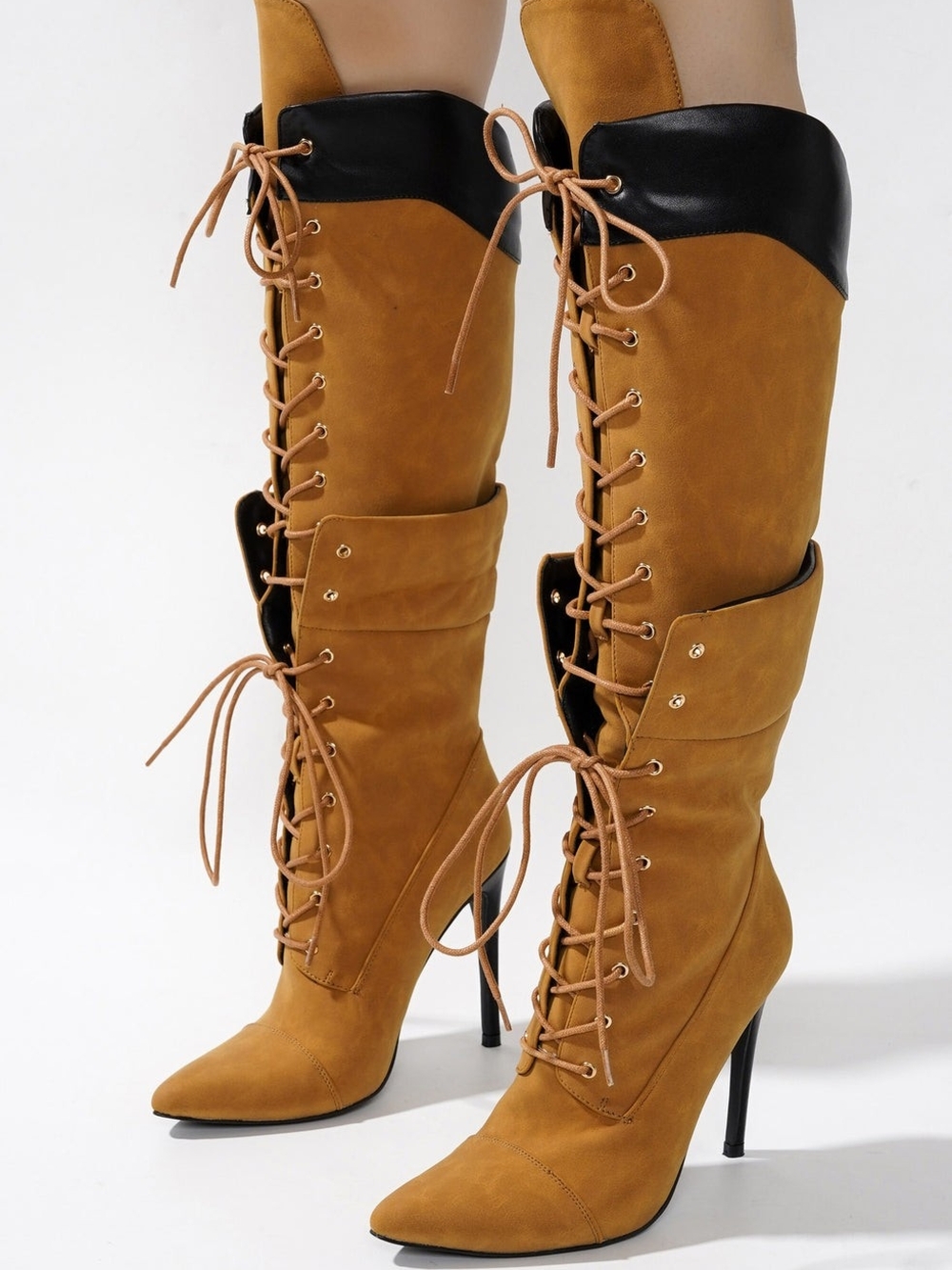 Cape Robbin Tan and Black Lace-Up Knee-High Stiletto Boots